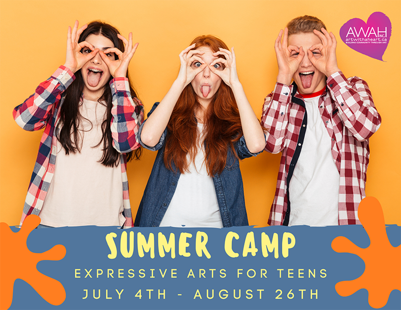 Promotional image for Art With A Heart Inc.'s Teen Artists Unite Expressive Arts Summer Camp from July 4th until August 26th, featuring a group of teens posing and laughing at the camera..
