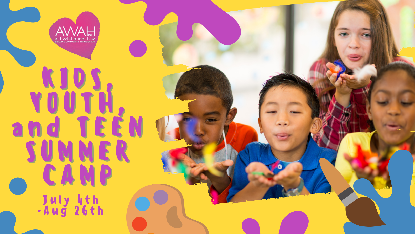 Promotional image for Art With A Heart Inc.'s Kids Expressive Arts Summer Camp from July 4th until August 26th, featuring a group of children blowing confetti.