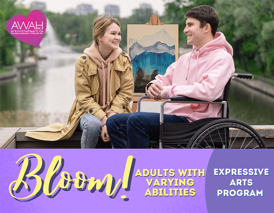 Promotional image for Art With A Heart Inc.'s Bloom Summer Camp for Adults with Varying Abilities from July 11th until August 19th, featuring a woman and man in a wheelchair sitting in front of an easel with a painting of blue mountains.