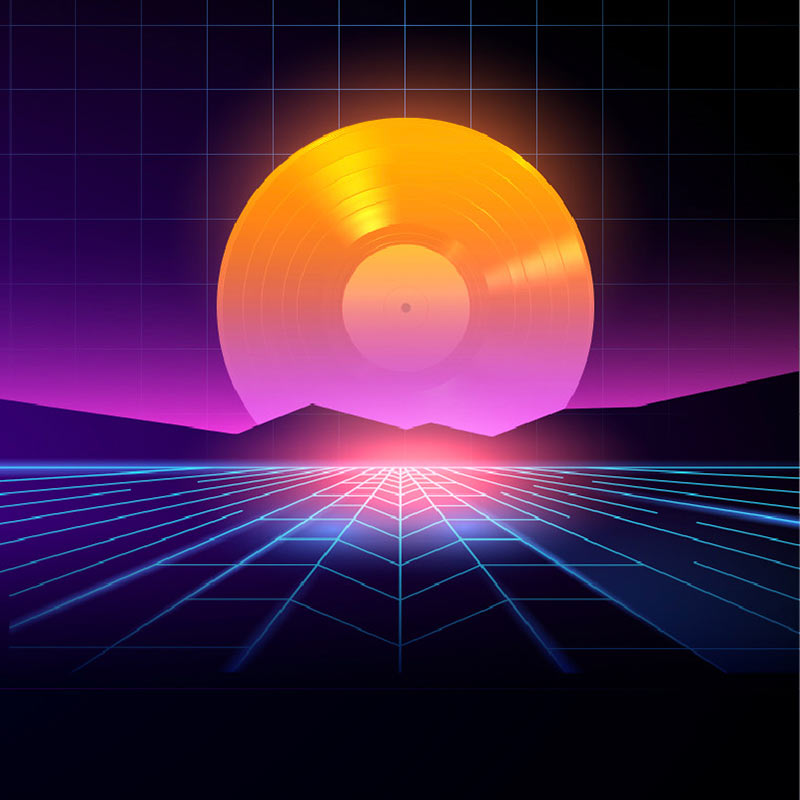An 80's-style graphic of a digital landscape with a rising sun that is a record.