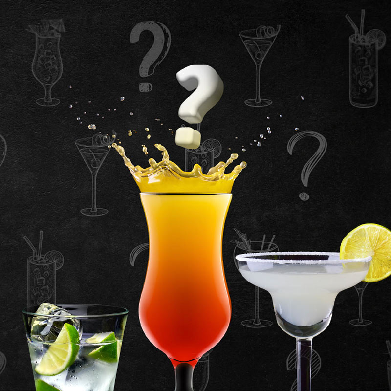 A photo of 3 beverages in different glasses with a question mark hovering over the middle glass.
